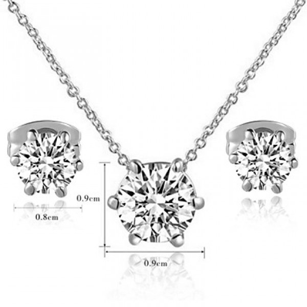 Women's Classic 18K White Gold Plated with 6 Prongs Simulated Diamond Stone Pendant Necklace Earrings Set  