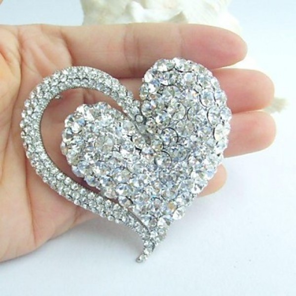 Women's Trendy Alloy Silver-tone Rhinestone Crystal Heart Wedding Bridal Brooch Pin