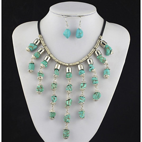 Vintage Antique Silver Natural Irregular Turquoise Stone Necklace Earring Jewelry Set(1Set)  