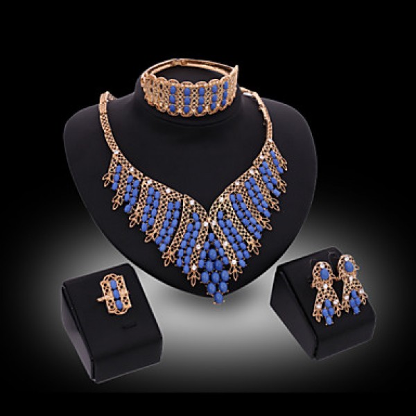 Women's Vintage 18K Gold Plated Rhinestone Tassel Necklace & Earrings & Bracelet & Ring Jewelry Sets  