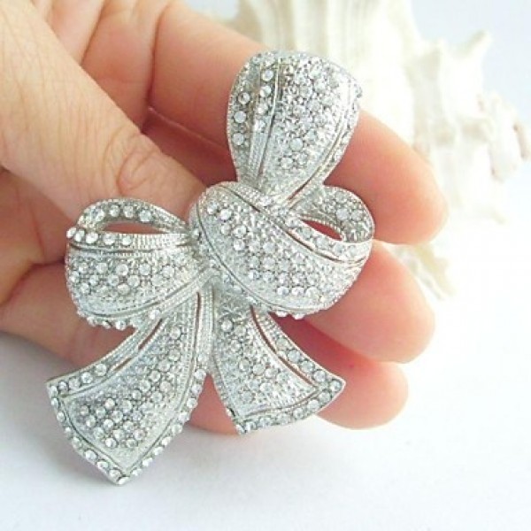 Women's Trendy Alloy Silver-tone Rhinestone Crystal Bowknot Wedding Bridal Brooch