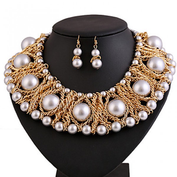 Women Latest Fashion Alloy Rhinestone Imitation Pearl Necklace/Earrings Sets  