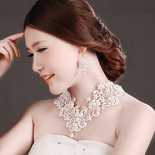 Bride Wedding White Mesh Diamond Noble Flower Earring Headdress Set  