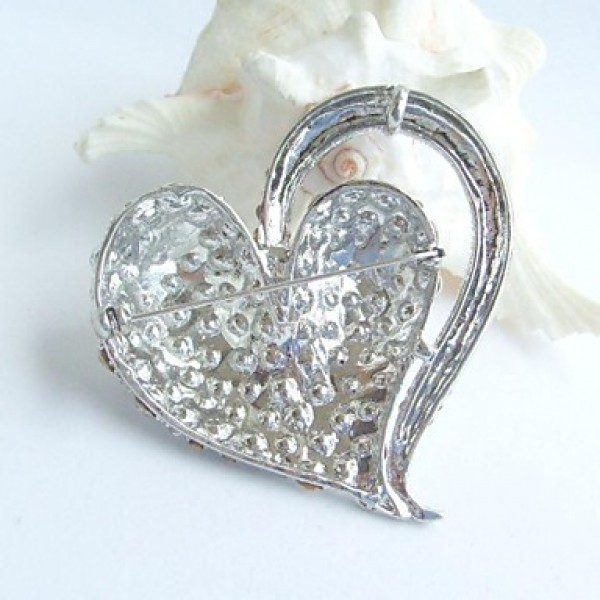 Women's Trendy Alloy Silver-tone Rhinestone Crystal Heart Wedding Bridal Brooch Pin