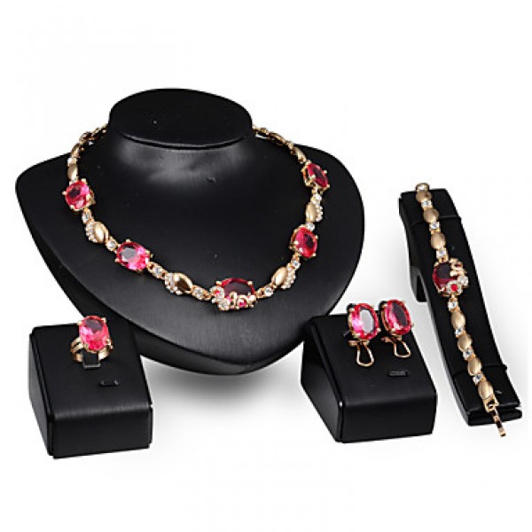 Women's Vintage 18K Gold Plated Zirconia Cut Out Flower Necklace & Earrings & Bracelet & Ring Jewelry Set  