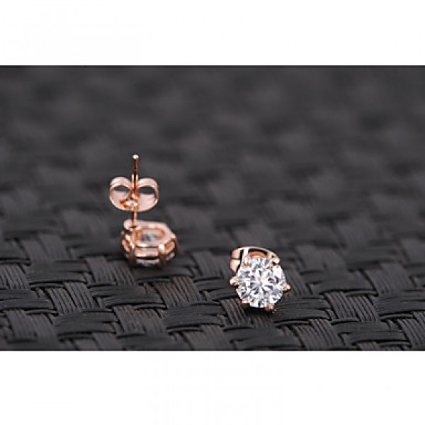 Women's Concise 18K Rose Gold Plated with 6 Prongs Simulated Diamond Stone Pendant Necklace Earrings Set  