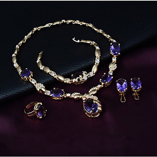 Fashion Gem Necklace Earrings Ring Bracelet Set Dinner  