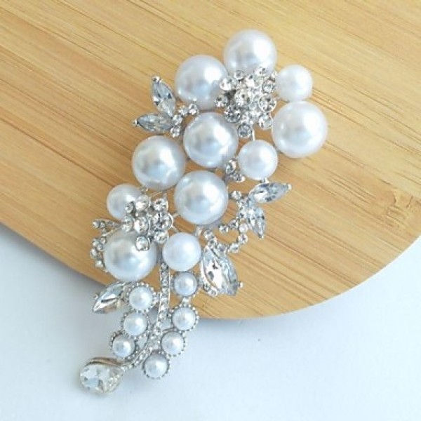 Women's Trendy Alloy Silver-tone Faux Pearl Rhinestone Flower Bridal Brooch Pin